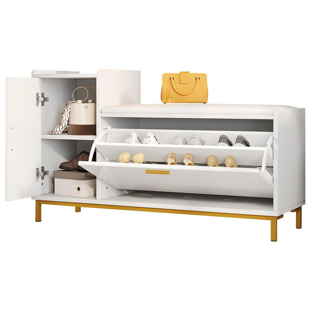 SCHUHBANK in 100x38x68cm mit 2 Fächern 1 Schrank,Weiß + Gold - Weiß, Holzwerkstoff (38/68/100cm) - KOMHTOM