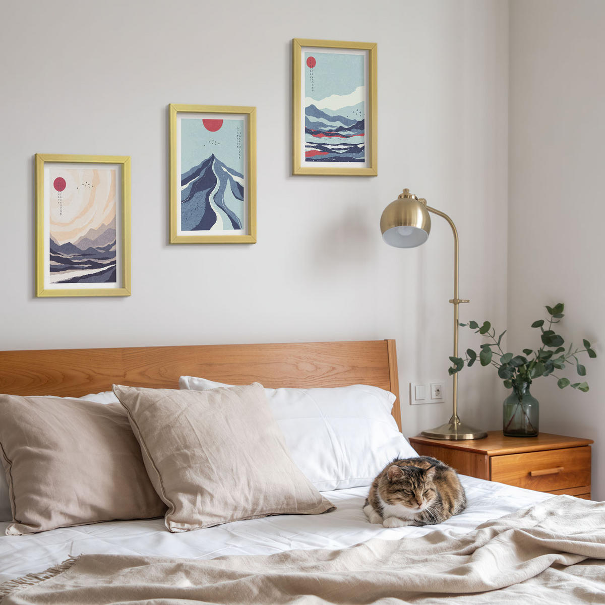 WANDBILDER 3er Set - 20x30 cm Goldrahmen - Abstrakte japanische Berge - Goldfarben, Kunststoff (20/30cm) - ArtPrintCave