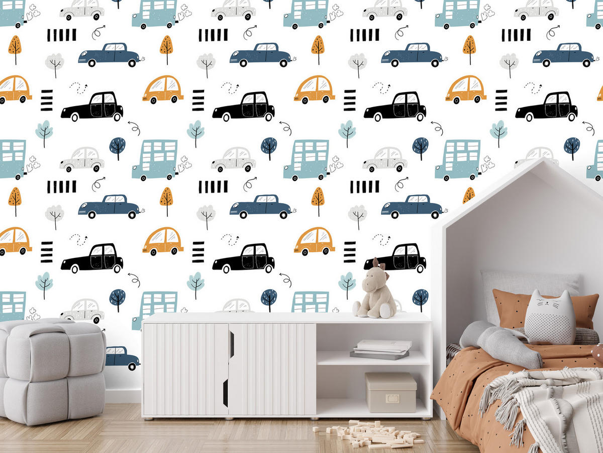 VLIESTAPETE Autos und Bäume – Blau, Gelb, Weiß – 50x1000 cm - Blau/Gelb, Papier (50/1000cm) - Muralo