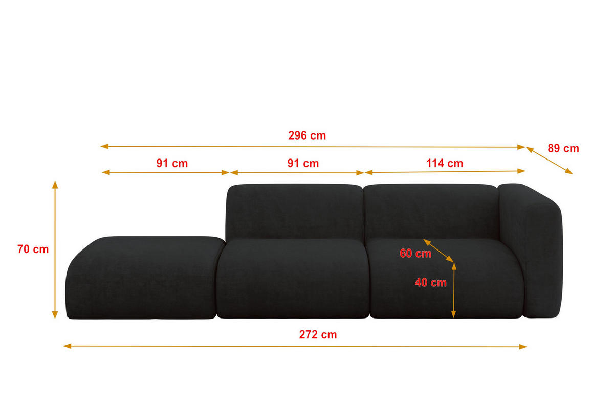 SOFA Ottomane Rechts MIRA-S3 296x89x70 Schwarz Velours - Anthrazit/Schwarz, Holzwerkstoff/Kunststoff (296/70/89cm) - ALTDECOR