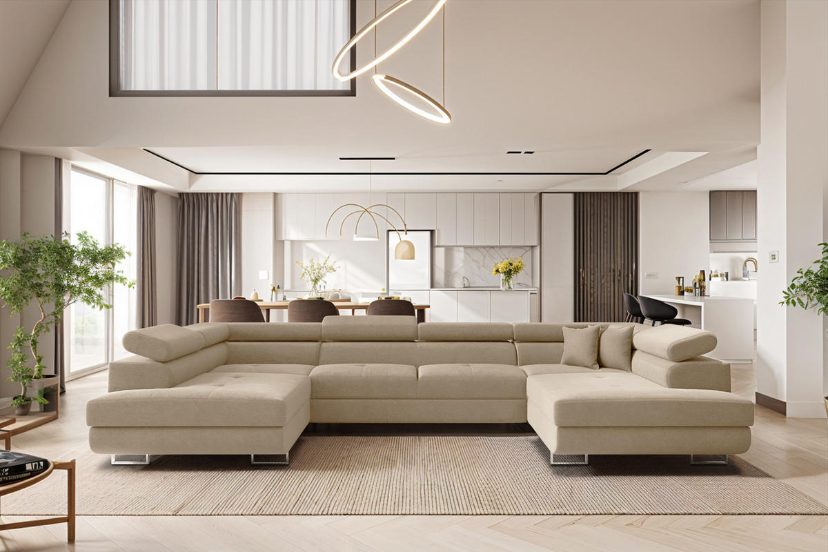ECKSOFA Falio U-förmiges mit Schlaffunktion und Kopfstützen Velours Hellbeige - Creme, Holz/Textil (202/345cm) - Kaiser Möbel