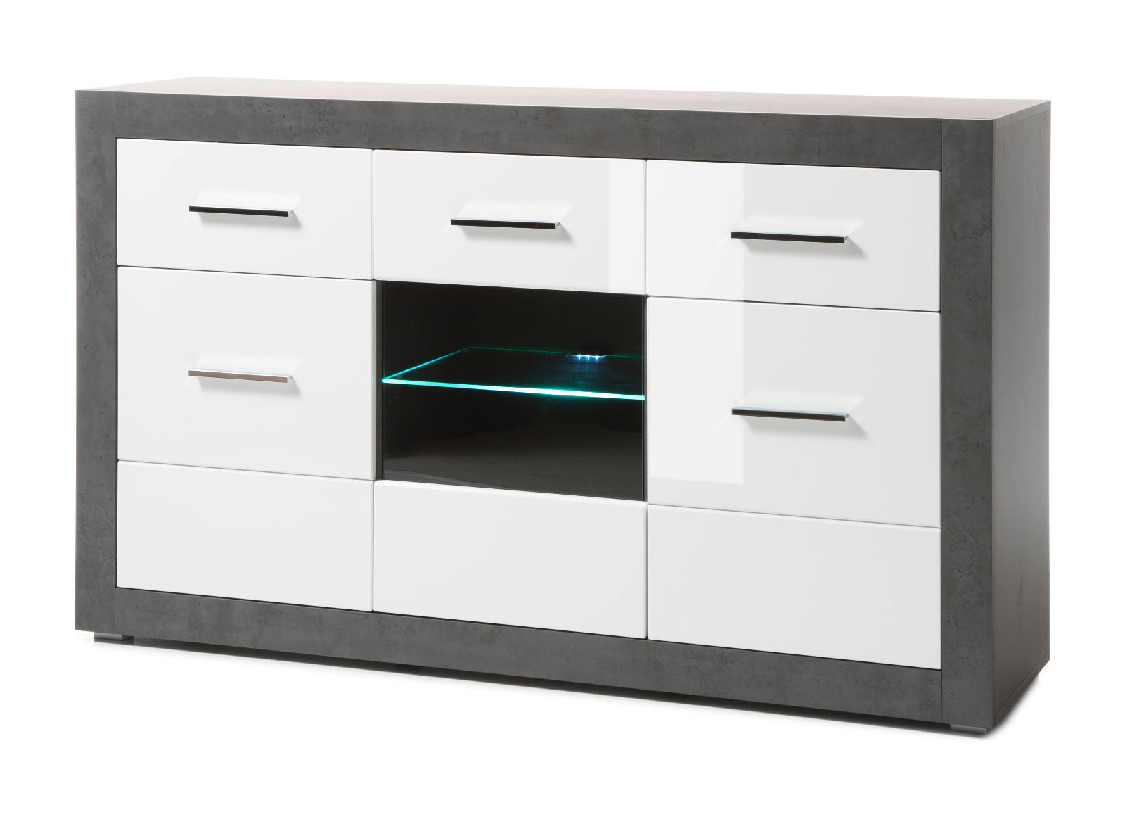 SIDEBOARD weiß Hochglanz, grau Stone 164 cm, Kommode 6 Fächern - Chromfarben/Weiß Hochglanz, Glas/Holzwerkstoff (164/97/42cm) - Furn.Design