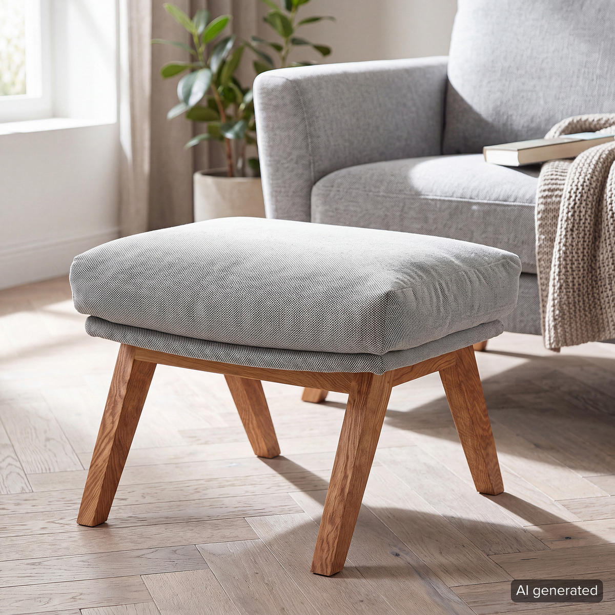POLSTERHOCKER mit Holzfüßen - Eichefarben/Hellgrau, Eichenholz/Holz (51/37/41cm) - home24