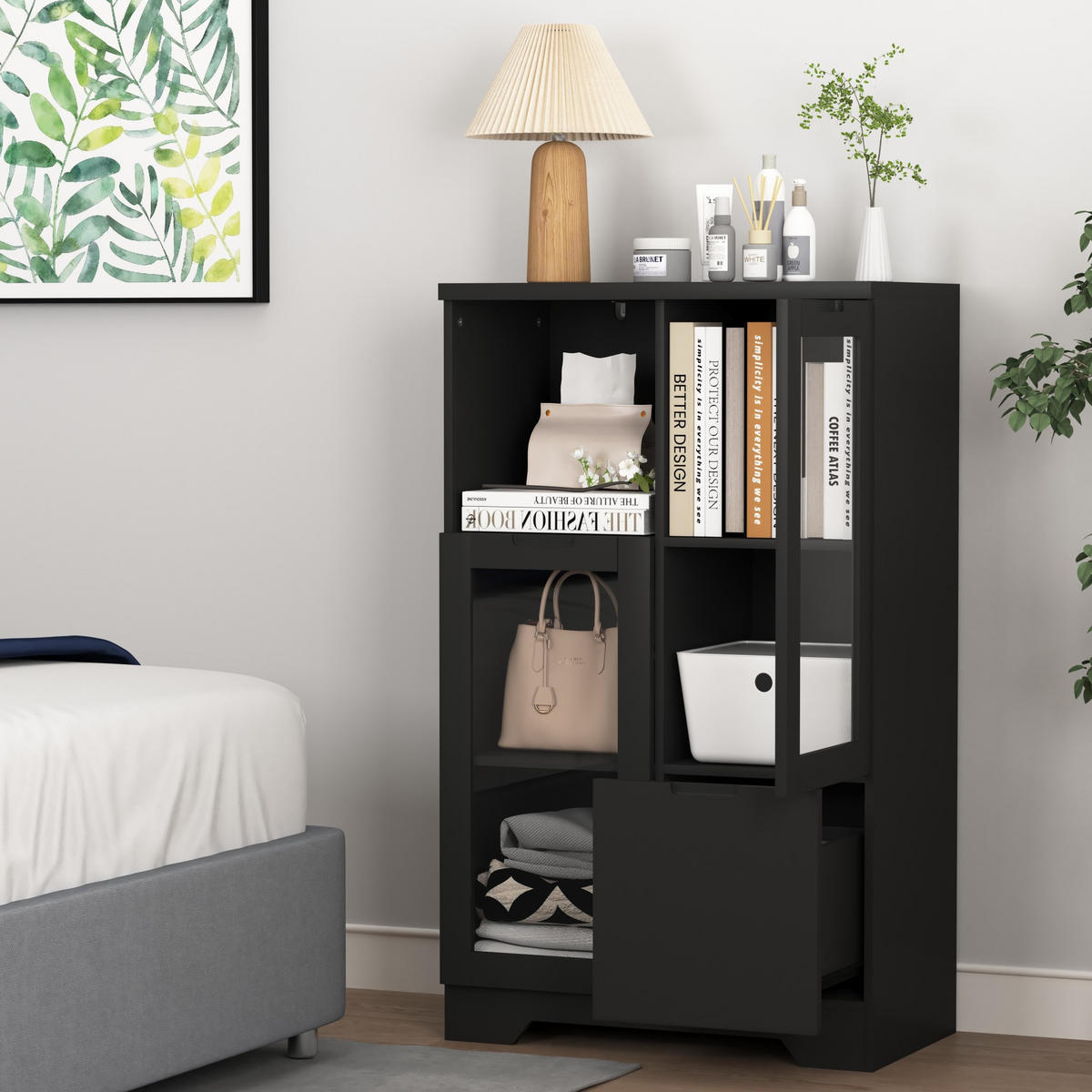 KOMMODE mit 2 Glastüren und verstellbaren Einlegeböden, MDF, grifflose Optik, 65/30/100 cm, Schwarz - Schwarz, Holzwerkstoff (65/100/30cm) - Redom