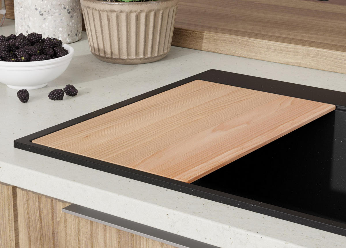 SPÜLBECKEN Oslo, 3-er set Schwarz Metallic 88/50 cm, 1 Becken + Ablauf-Set + Schneidebrett ab 90er Unterschrank - Chromfarben/Schwarz Hochglanz, Kunststoff (88/20/50cm) - Primagran
