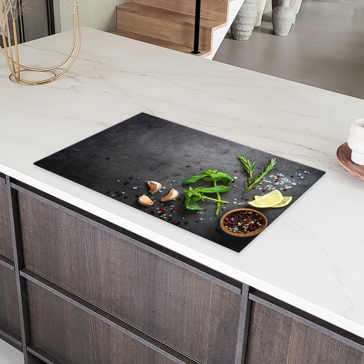 HERDABDECKPLATTE Limette - Kräuter - Gewürze - Grün - Grau - Beton Ceranfeldabdeckung 85x52 cm - Grün, Kunststoff (85/52/0.2cm) - MuchoWow