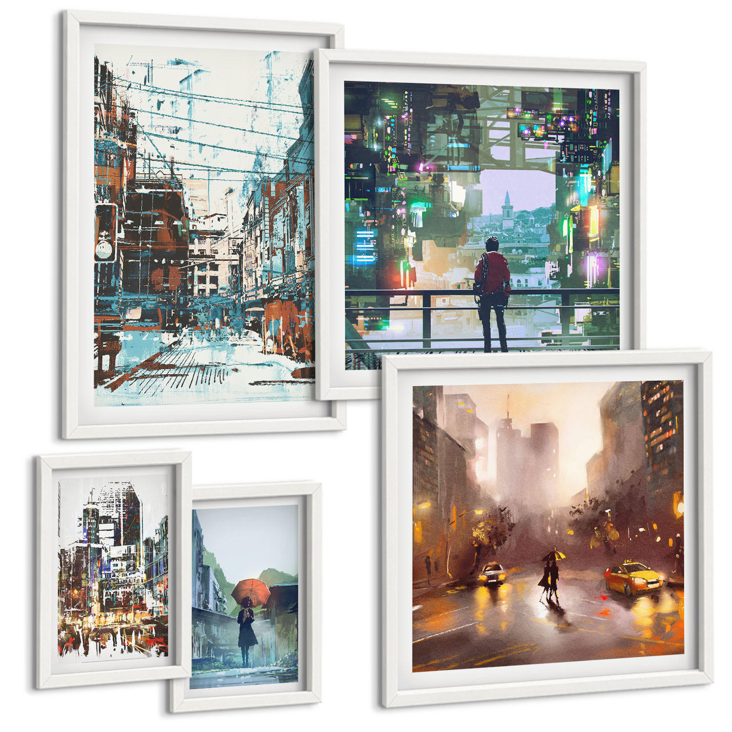 BILDER SET 5er Set - 50x50 cm & 20x30 cm & 40x60 cm Weißer Rahmen - Moderne, farbenfrohe Städte mit Charakteren - Weiß, Kunststoff (40/60cm) - TULUP