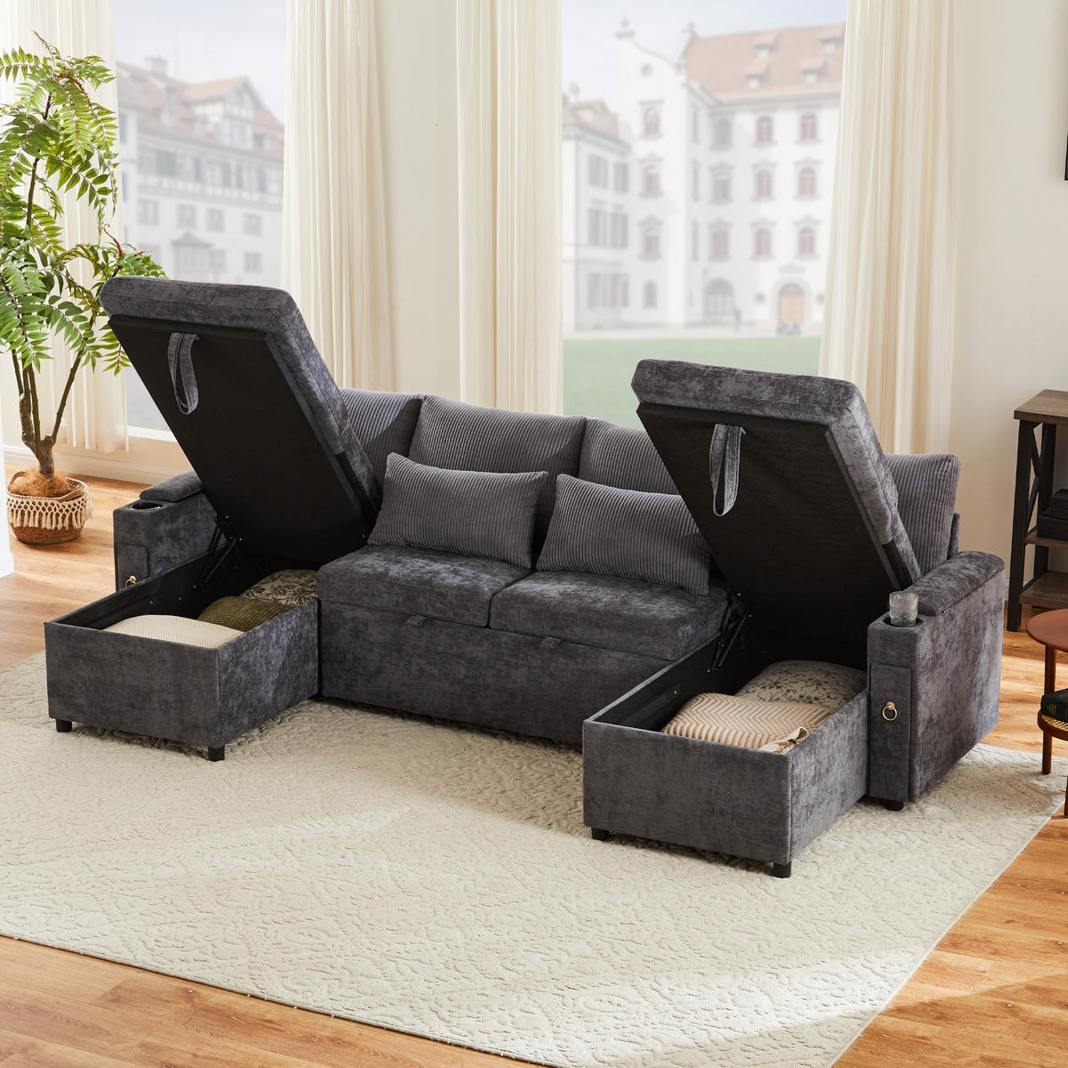 SCHLAFSOFA U-Form mit Getränkehaltern und Stauraum, Grau - Grau, Textil (272/84/131cm)