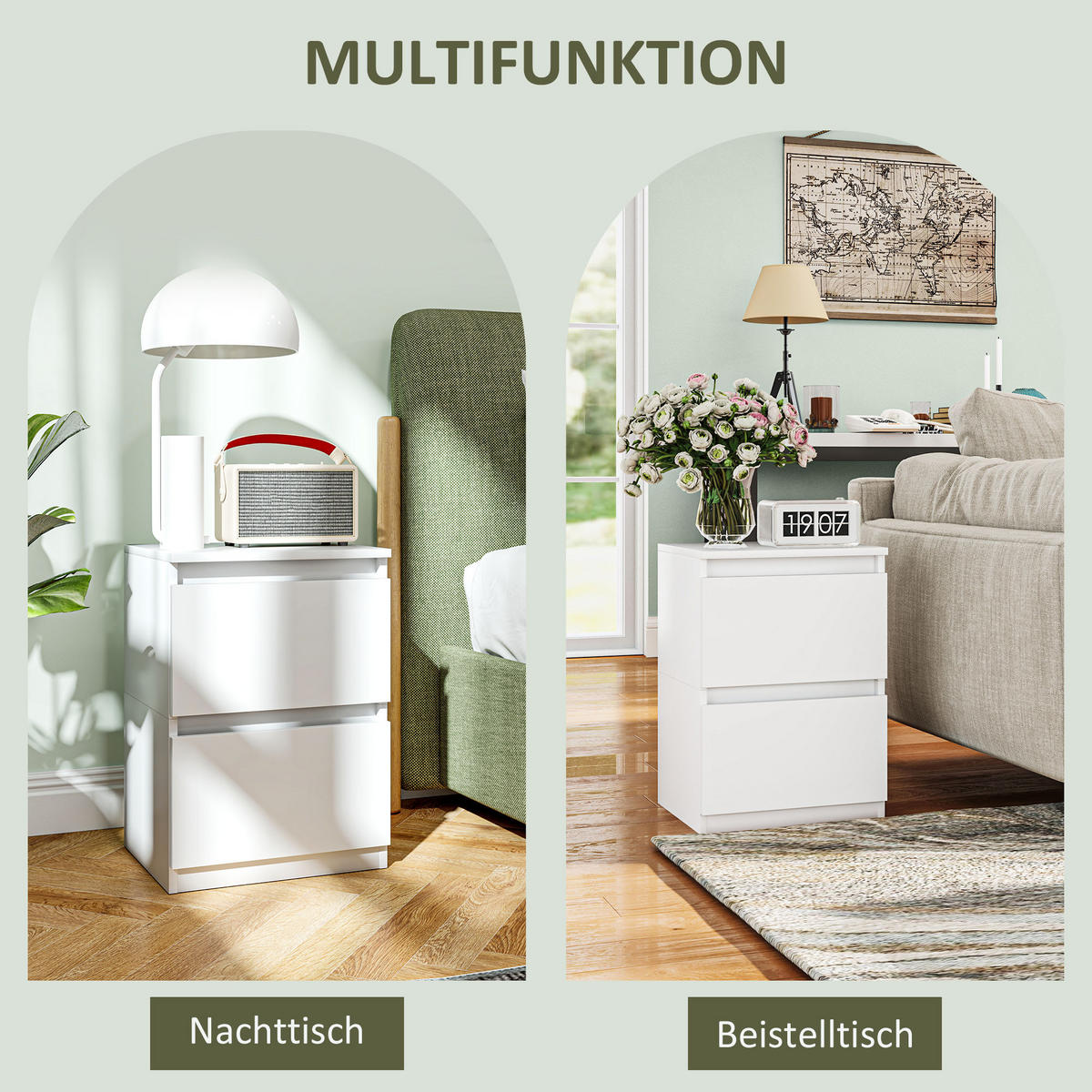 NACHTTISCH mit 2 Schubladen ca. 40 x 32 x 56 cm, Weiß - Weiß, Holzwerkstoff (39.6/56/32.3cm) - HOMCOM