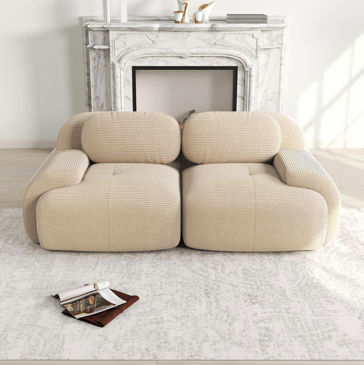 MODULÁRNÍ rohová pohovka béžová z manšestru s bezrámovým designem - béžová, textil (103/75/208cm) - OKWISH