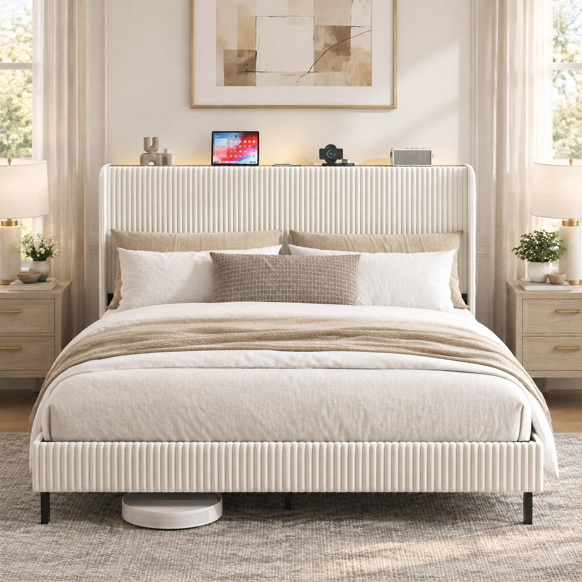 POLSTERBETT 180/200 mit Metalllatten und Stoffköpfchen,Nicht-Rutsch- und Rauschfrei - Beige, Textil/Metall (180/200cm) - EVRYAE