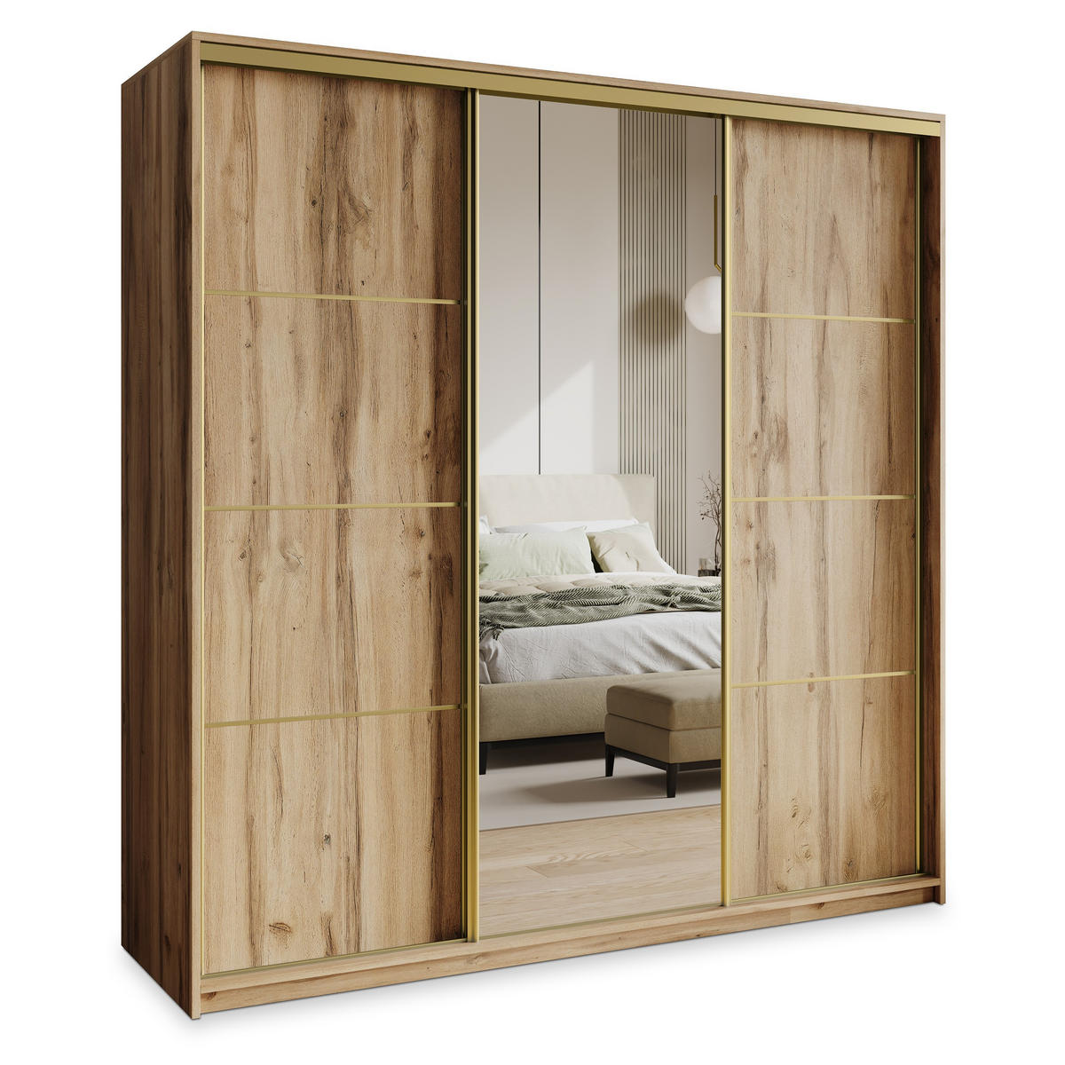SCHWEBETÜRENSCHRANK VARO 200/205/60 cm 3-türig mit Spiegel Eiche Wotan - Eiche Wotan, Holzwerkstoff (200/205/60cm) - MASSENO