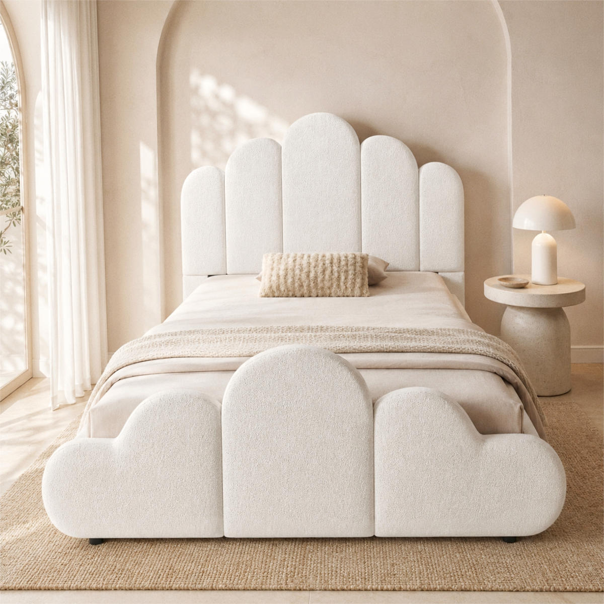 POLSTERBETT 90/200 cm in Beige mit gepolstertem Kopfteil, abgerundeten Ecken und Wolken-Design aus Bouclé - Beige/Schwarz, Holzwerkstoff/Textil (90/200cm) - STILVORA