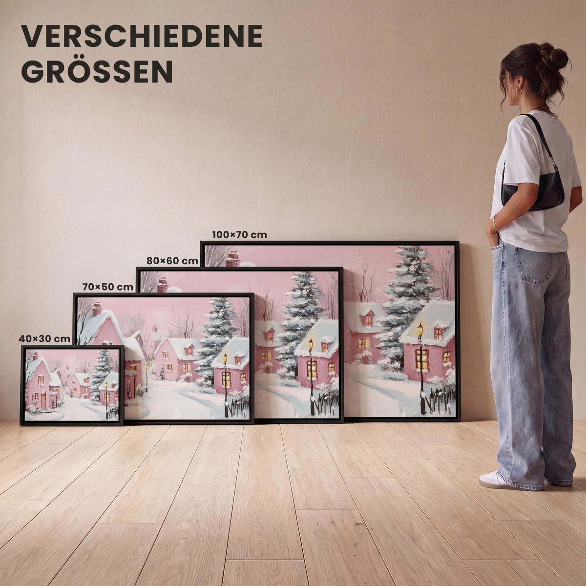 LEINWAND Bilder mit Rahmen - Weihnachtsdorf - Rosa - Winter - Schnee - Häuser - 40x30 - Altrosa, Textil (40/30cm) - MuchoWow