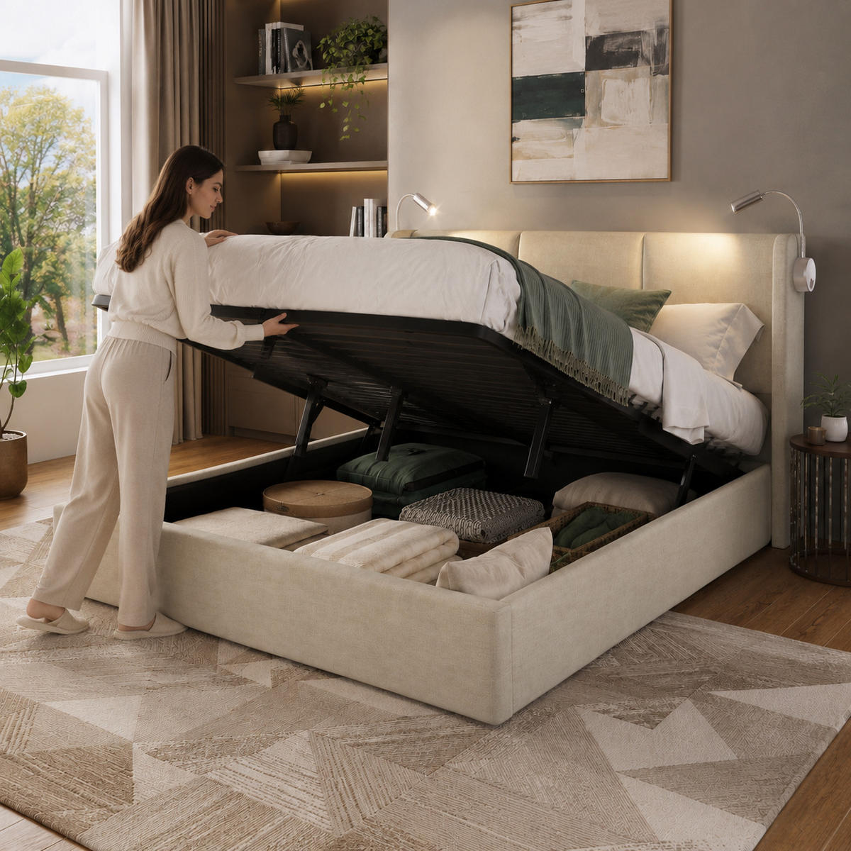 POLSTERBETT 160/200 cm Beige mit Bettkasten, Stauraumbett mit Hydraulik, Leselampen, Lattenrost und gepolstertem Kopfteil - Beige, Holz/Metall (160/200cm) - Joyfair