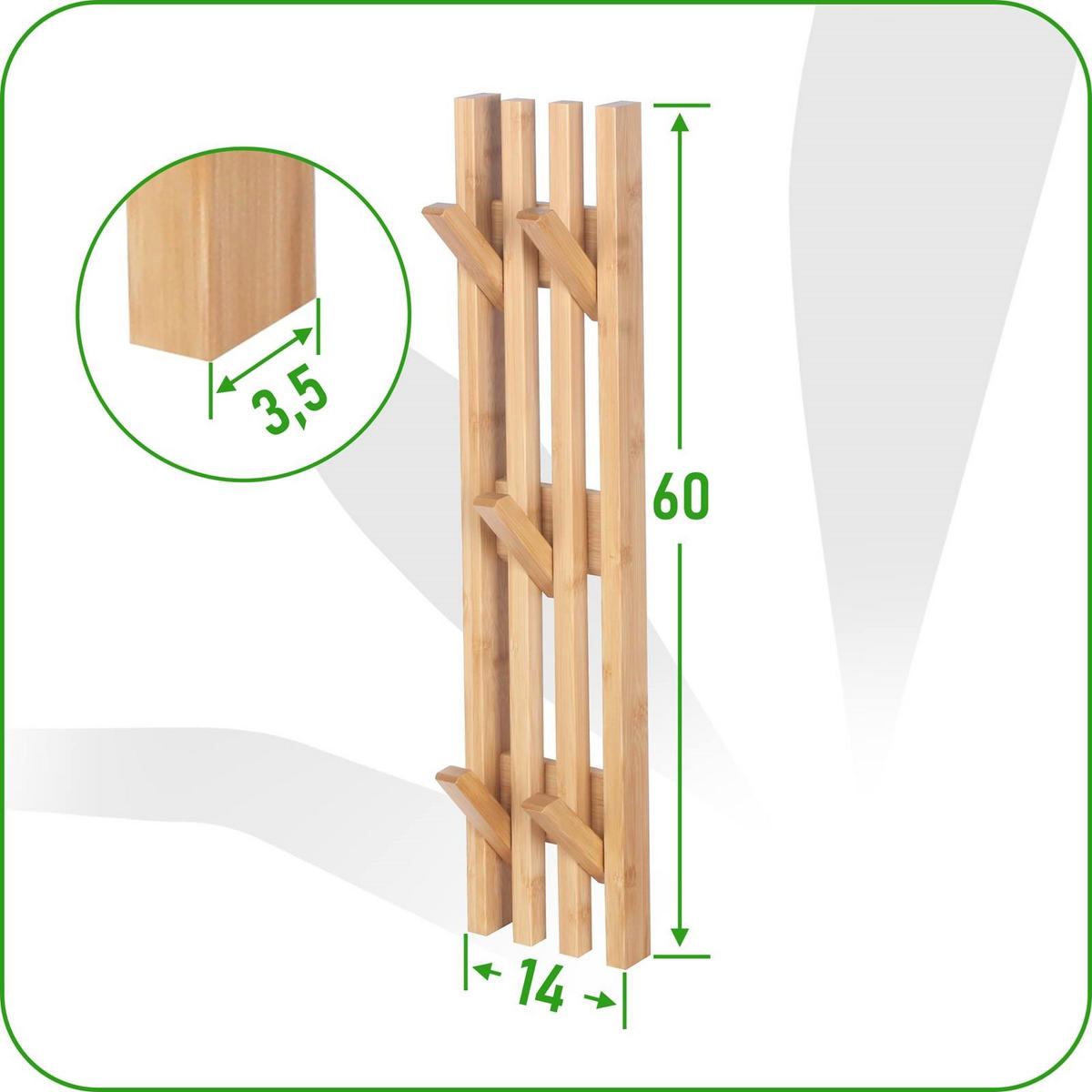 WANDGARDEROBE Bambus Naturfarben 6 Haken 60x14x3,5 cm - Naturfarben, Holz (14/60/3.5cm) - Begryf