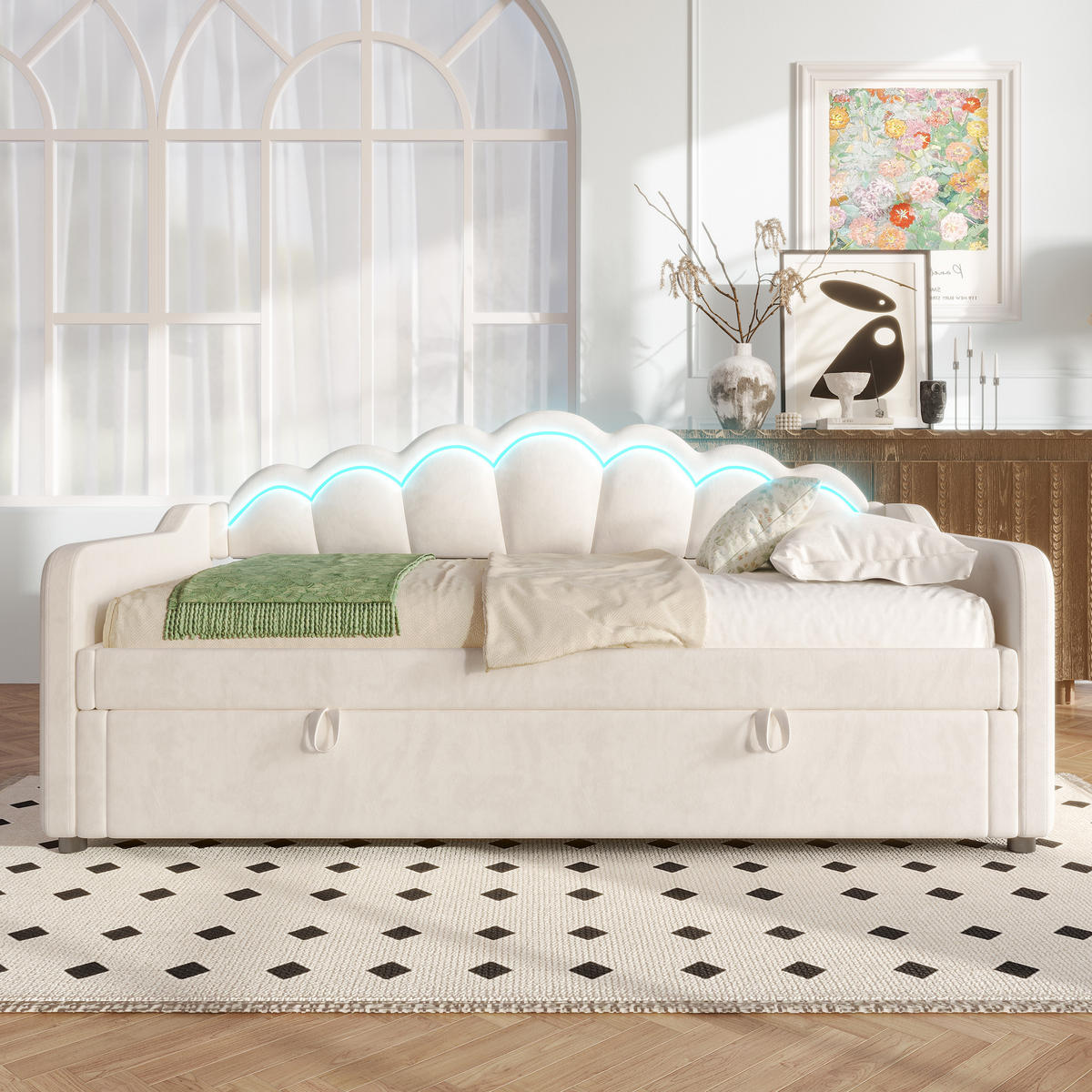 TAGESBETT 90/200 cm beige mit hydraulischem Stauraum und LED-Beleuchtung - Beige, Textil (90/200cm) - OKWISH