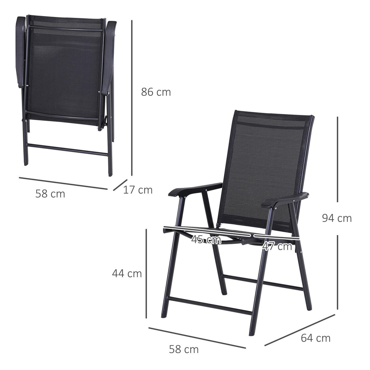 KLAPPSTUHL mit Armlehne 2er-Set Campingstuhl Angelstuhl Metall Schwarz - Schwarz, Textil/Metall (64/94/58cm) - Outsunny