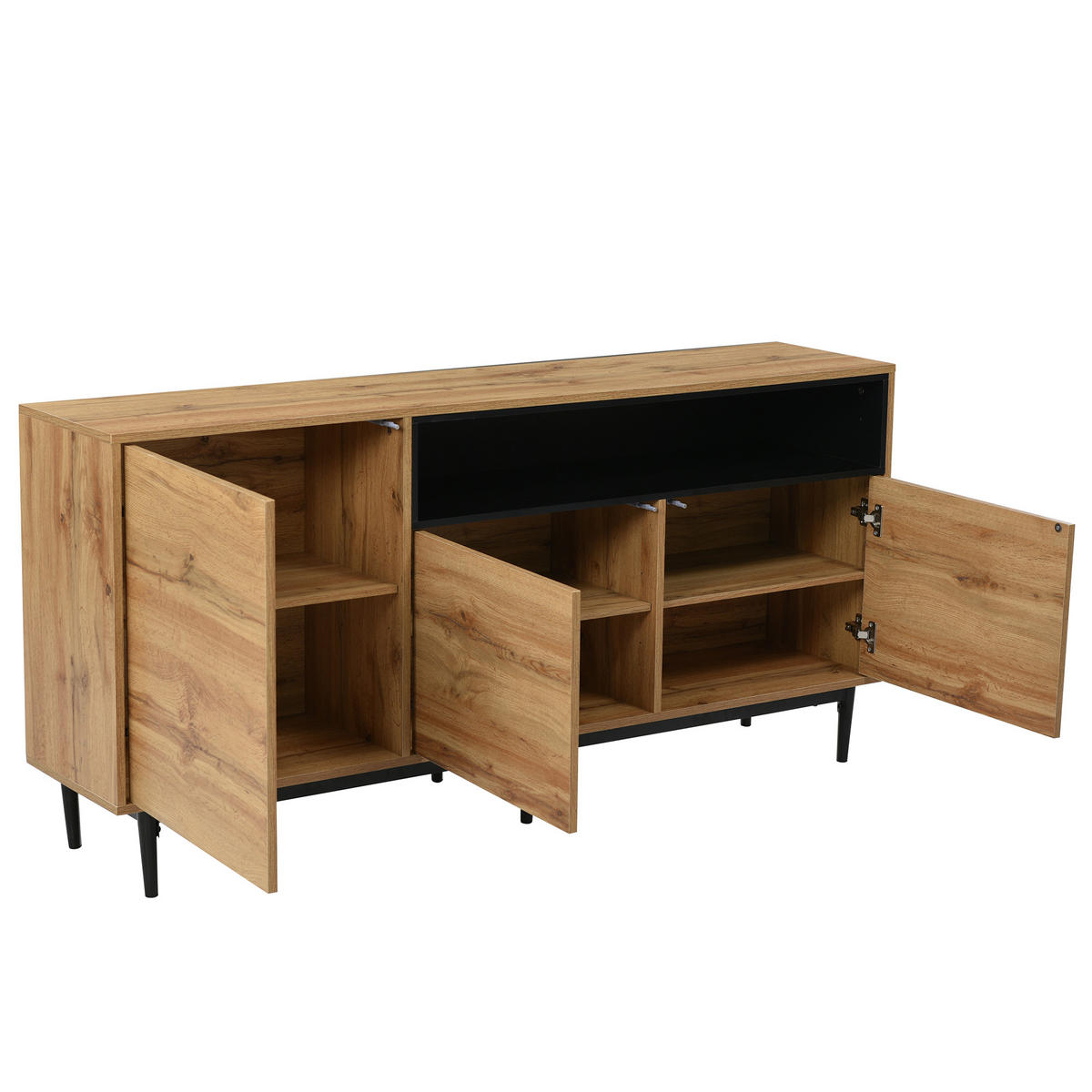 SIDEBOARD aus MDF mit 3 Türen und verstellbaren Einlegeböden, 160/35/76 cm, Schwarz und Natur - Naturfarben, Holzwerkstoff (160/76/35cm) - Redom
