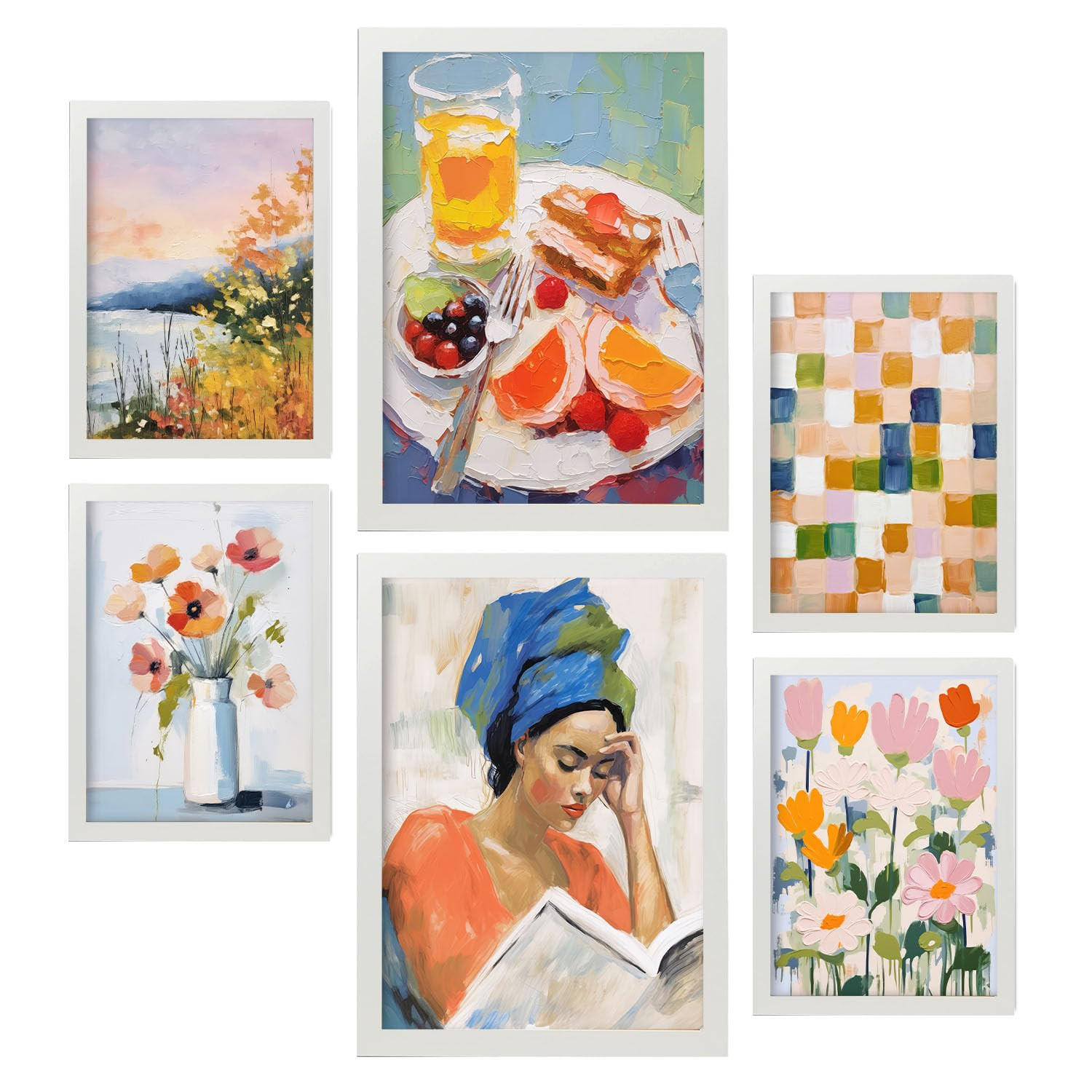 POSTER Set Mit 6 Frühstück Lesen A3 & A4 Weißer Rahmen - Weiß, Papier (29/3/42cm) - Nacnic