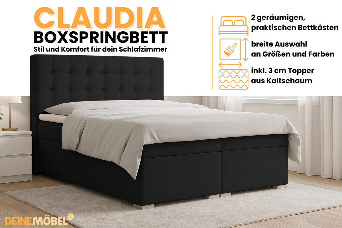 BOXBETT CLAUDIA 200/200 Webstoff Schwarz mit Taschen-Federkernmatratzen 7 Zonen H4 - Schwarz, Holzwerkstoff (200/200cm) - Deine Möbel 24