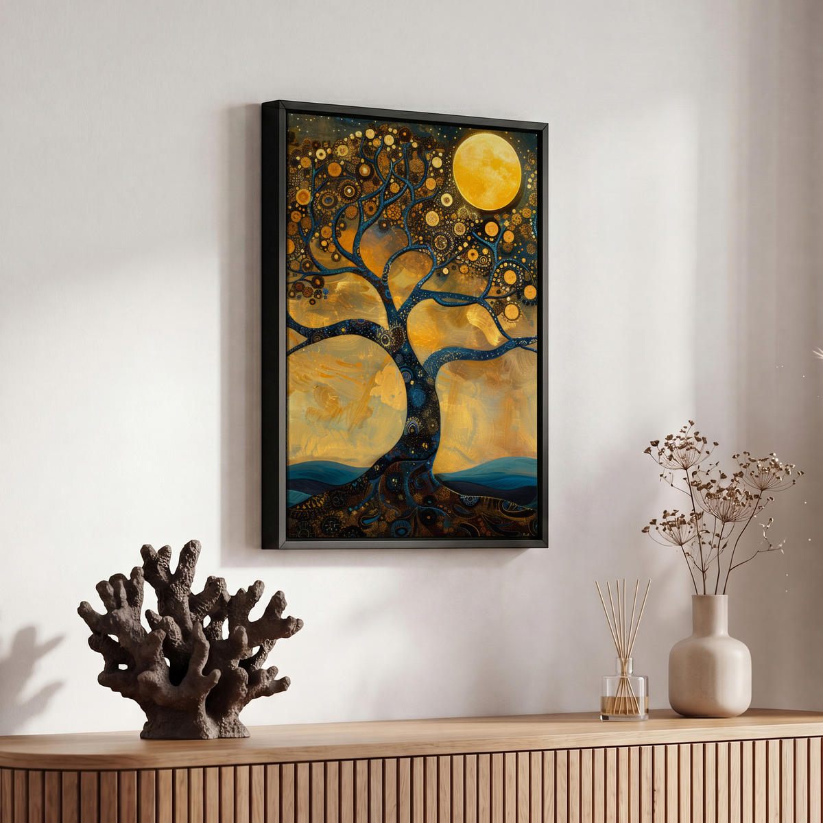 LEINWAND Bilder mit Rahmen - Baum - Mond - Blumen - Gold - Kunst - 20x30 - Orange, Textil (20/30cm) - MuchoWow