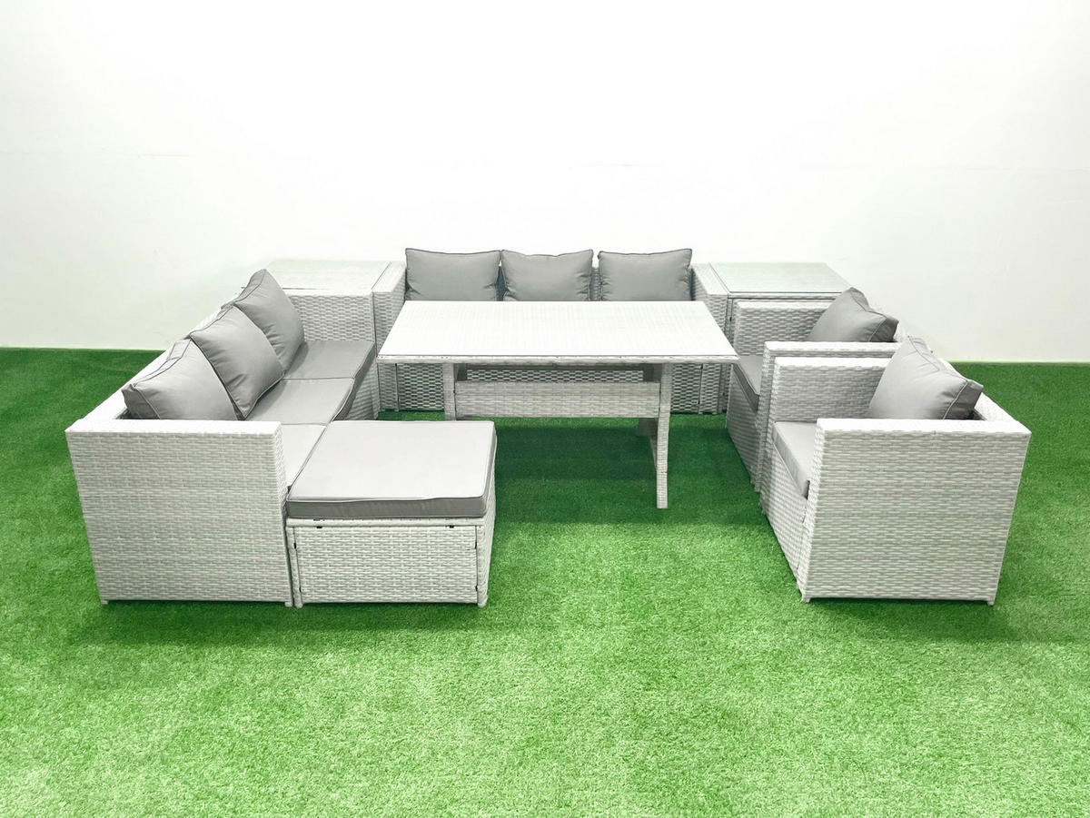 GARTENMÖBEL SET mit 3-Sitzer-Sofa und 2 Stühle, Esstisch,2 Beistelltischen,Großer Fußhocker Polyrattan Hellgrau 9-Sitzer - Hellgrau/Grau, Glas/Kunststoff - Fimous