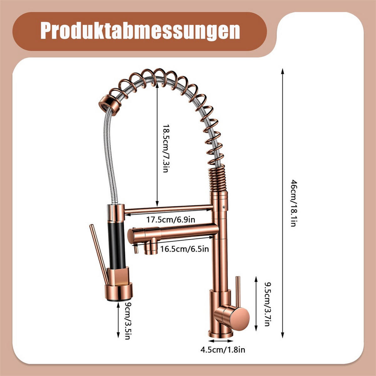 KÜCHENARMATUR ausziehbar mit Federführung 360° drehbar Spültischarmatur Mischbatterie - Roségold - Roségold, Metall (17.5/46/4.5cm) - DELFA