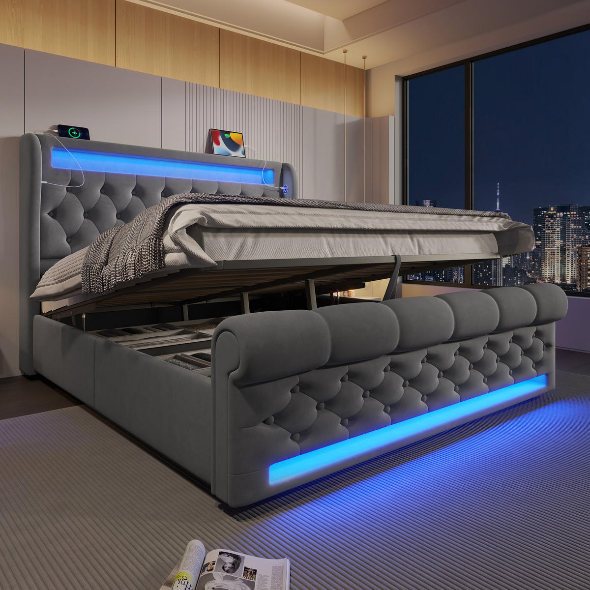 POLSTERBETT 140/200 cm Grau mit LED-Beleuchtung, Stauraum und USB-Anschlüssen - Grau, Textil (140/200cm) - OKWISH