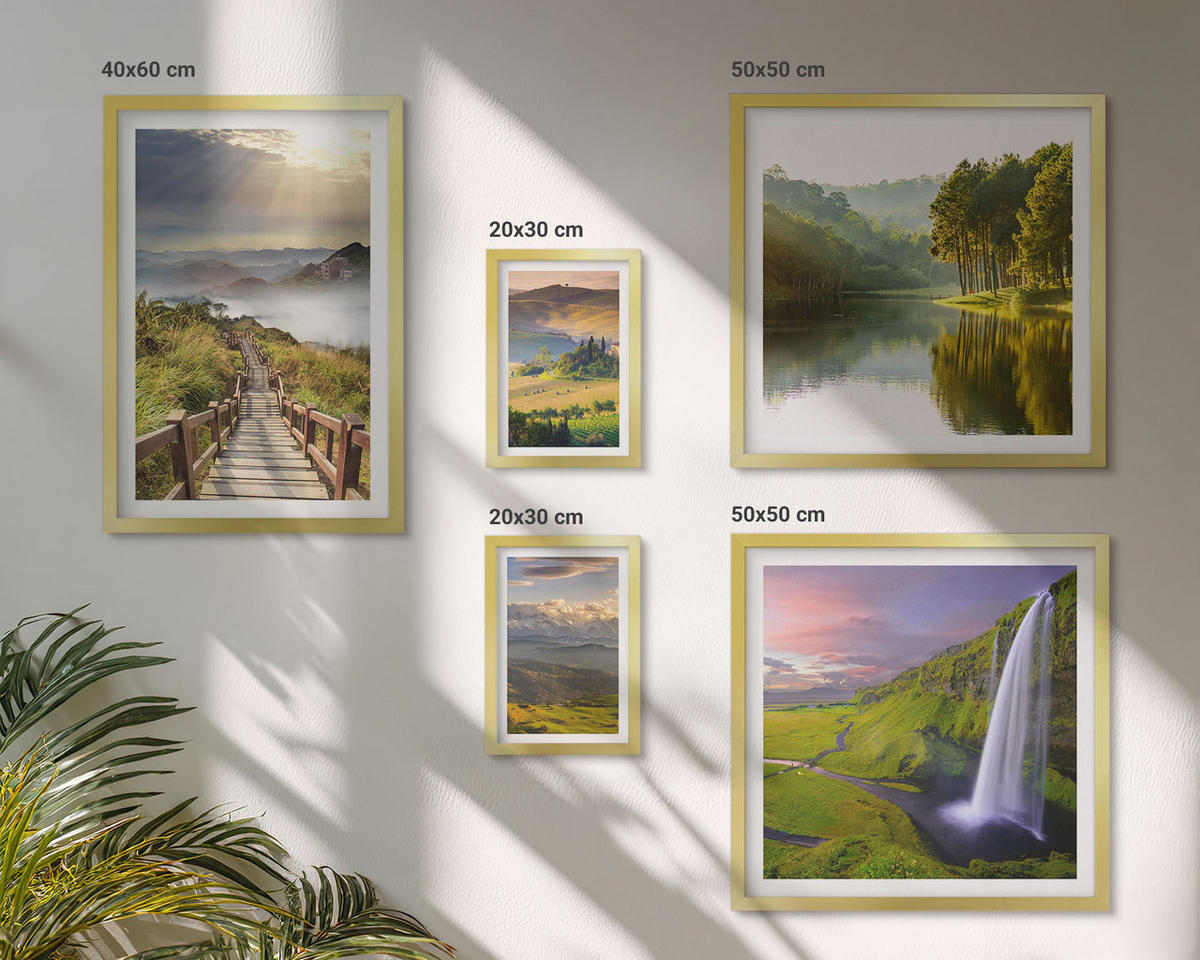 WANDBILDER 5er Set - 50x50 cm & 20x30 cm & 40x60 cm Goldrahmen - Aquarell von grünen tropischen Blättern - Goldfarben, Kunststoff (40/60cm) - ArtPrintCave