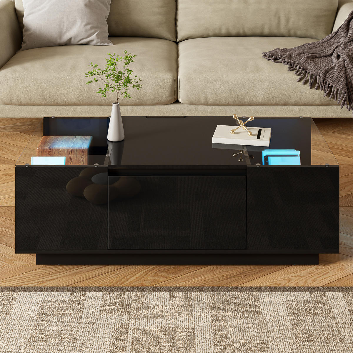 COUCHTISCH 105 cm mit LED-Beleuchtung, Glasplatte und 2 Schubladen - Schwarz, Holzwerkstoff (105/50/35cm) - Korfee
