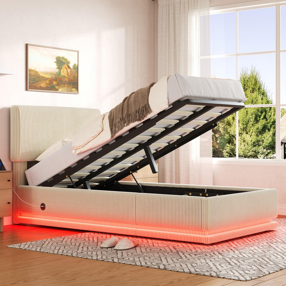 POLSTERBETT 90x200 cm LED USB Stauraum beige - Beige, Textil (90/200cm) - LEBENLANG