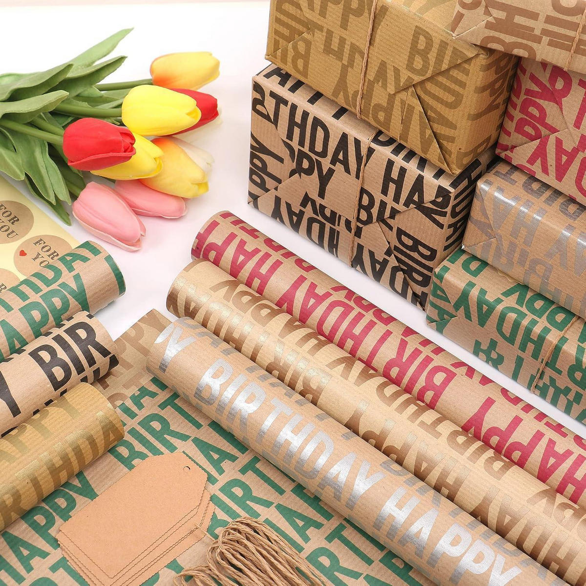 GESCHENKPAPIER 6 Blatt Set 70 x 50 cm Vintage Kraftpapier mit Zubehör - Multicolor, Papier (50/0.1/70cm)
