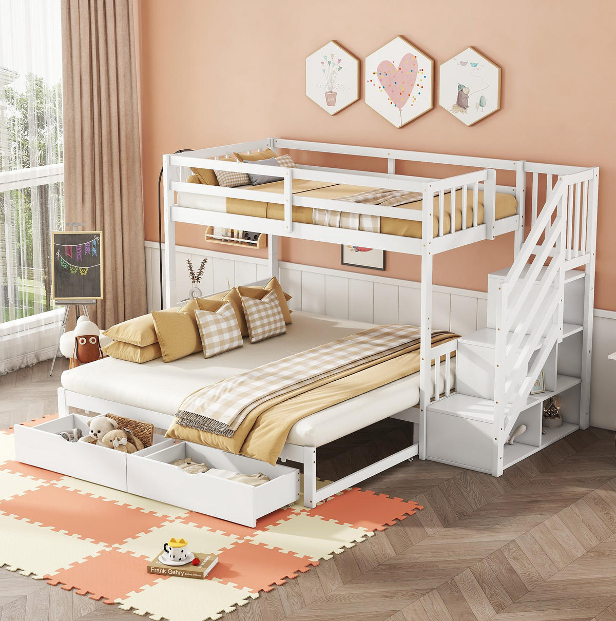 ETAGENBETT 90/200 cm in Weiß mit Ausziehbett und 2 Schubladen - Weiß, Holz (90/200cm) - Flora Grace