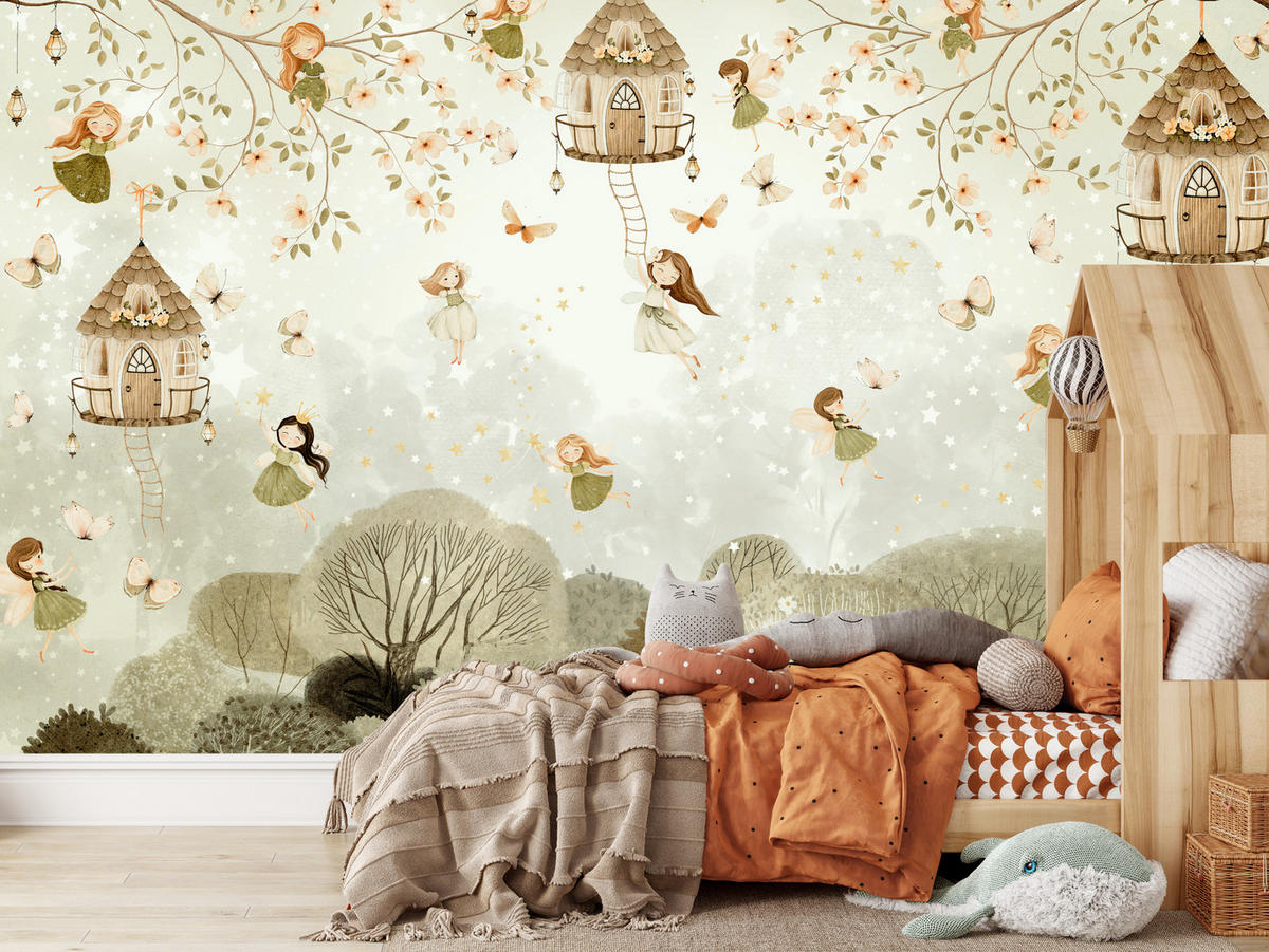 FOTOTAPETE für Kinderzimmer Waldfeen Blumen Sterne Schmetterlinge Baum 400x280 - Beige/Orange, Papier (400/280cm) - Muralo