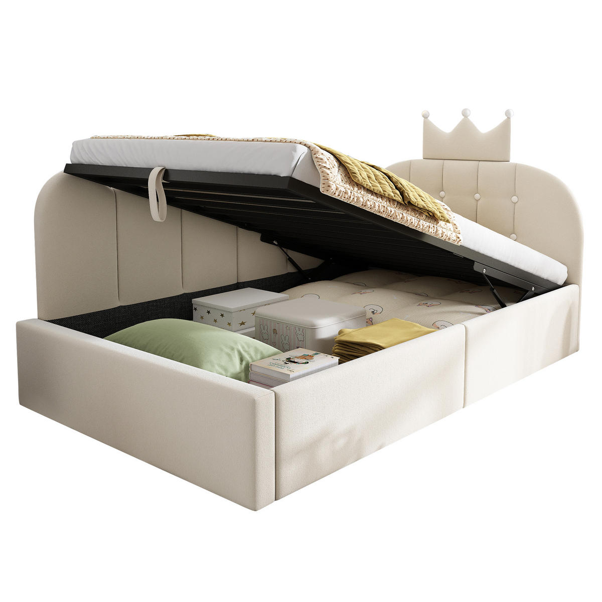 KINDERBETT 90/200 cm DE-00316, in Beige, hydraulischem Stauraum - Beige, Metall (90/200cm) - ComfortXL
