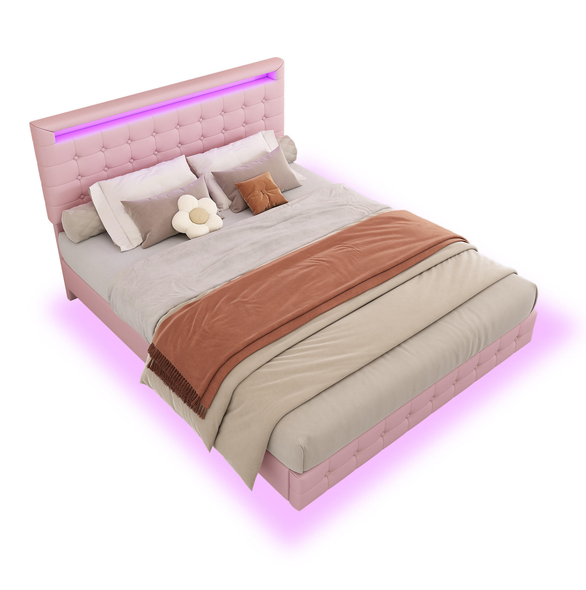 Redom ČALOUNĚNÁ postel 140/200 cm s LED osvětlením, nastavitelným čelem a plovoucím designem, Růžová