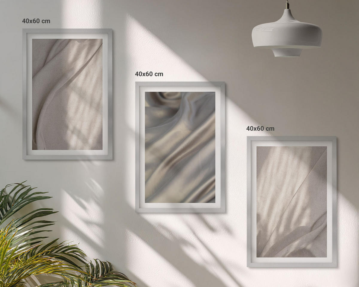 WANDBILDER 3er Set - 40x60 cm Silberner Rahmen - Nahaufnahme von natürlichen Boho-Stoffen - Silberfarben, Kunststoff (40/60cm) - ArtPrintCave