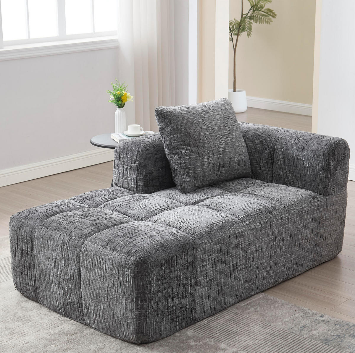 SOFA s ležaljkom, 158/90/60 cm, ženil siva, s bočnim džepovima i jastukom - siva, tekstil (60/158/90cm) - BEAOK