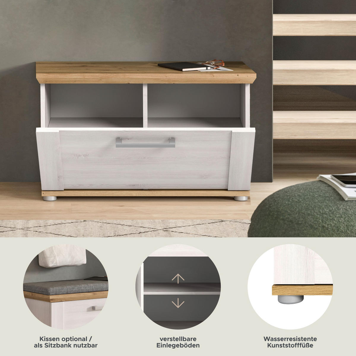 SITZBANK Verona Garderobe in Sibiu Lärche Nb. und Artisan Eiche Nb. B/H/T: 80x47x39 cm - Lärchefarben, Holzwerkstoff (78/45/37cm) - Homes & Jones