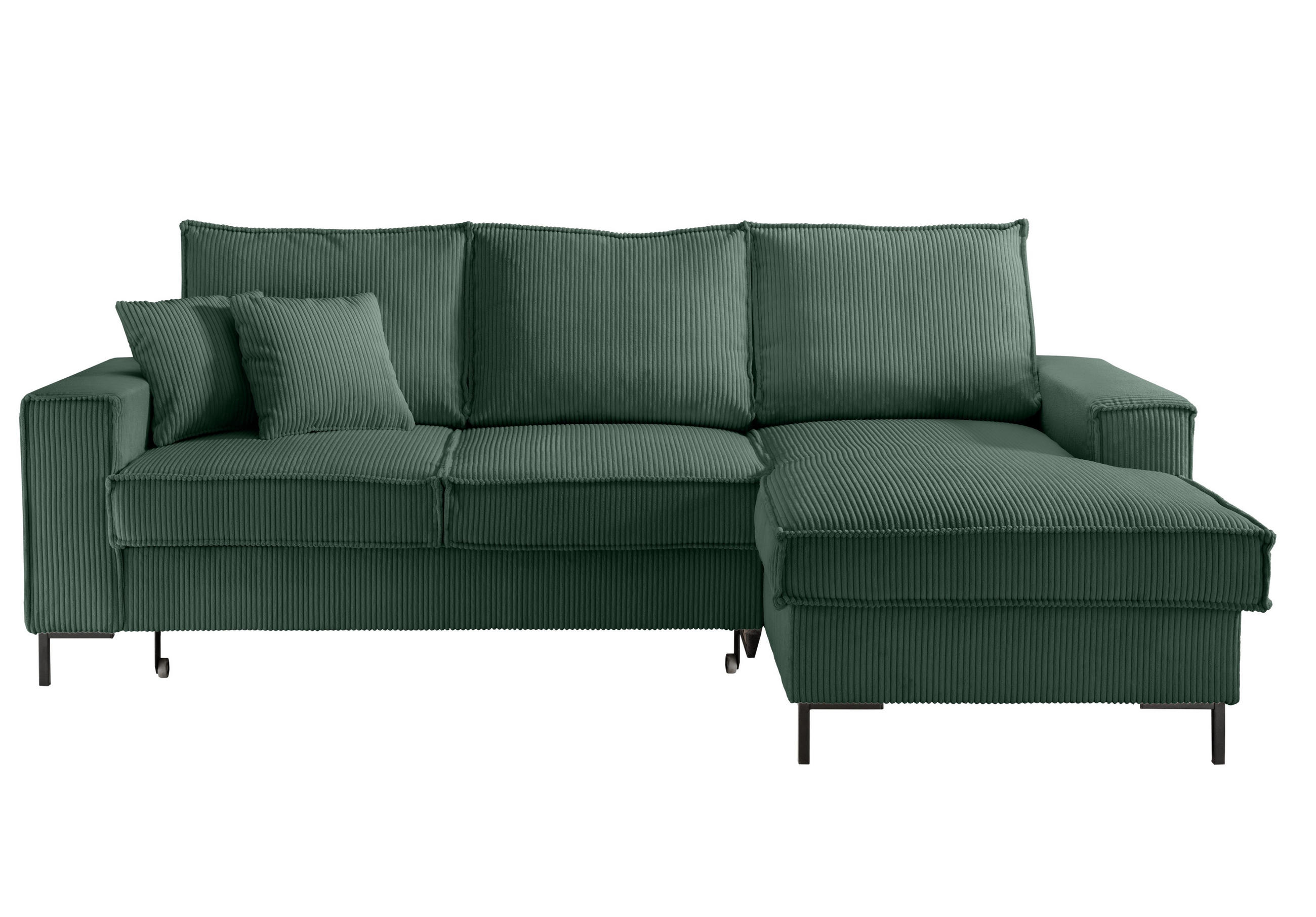 ECKSOFA mit Schlaffunktion, Bettkasten, Wellenunterfederung, Récamiere rechts B240/T150/H92 cm, Liegefl. 125x198 cm, Cord Grün / 17221 - Waldgrün/Schwarz, Textil/Metall (240/150cm) - luma-home