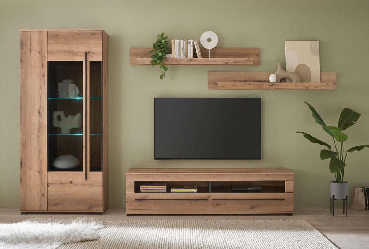 VITRINE Eiche Evoke, Vitrinenschrank 90 cm, Glas grau - Eichefarben/Schwarz, Glas/Holzwerkstoff (90/200/37cm) - Furn.Design