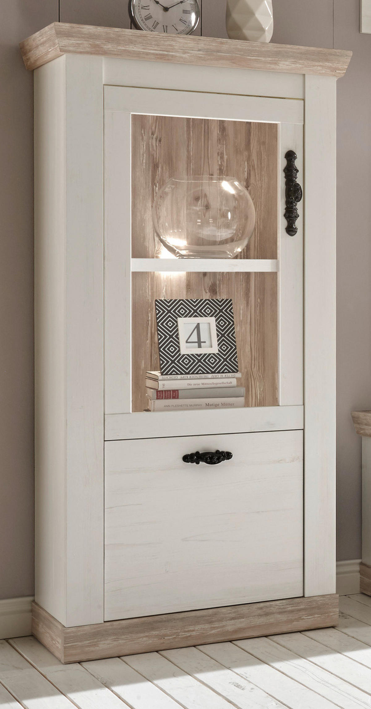 VITRINE Pinie weiß, Oslo Pinie Landhaus, Vitrinenschrank, 71 x 146 cm - Anthrazit/Weiß, Holzwerkstoff/Metall (71/146/37cm) - Furn.Design