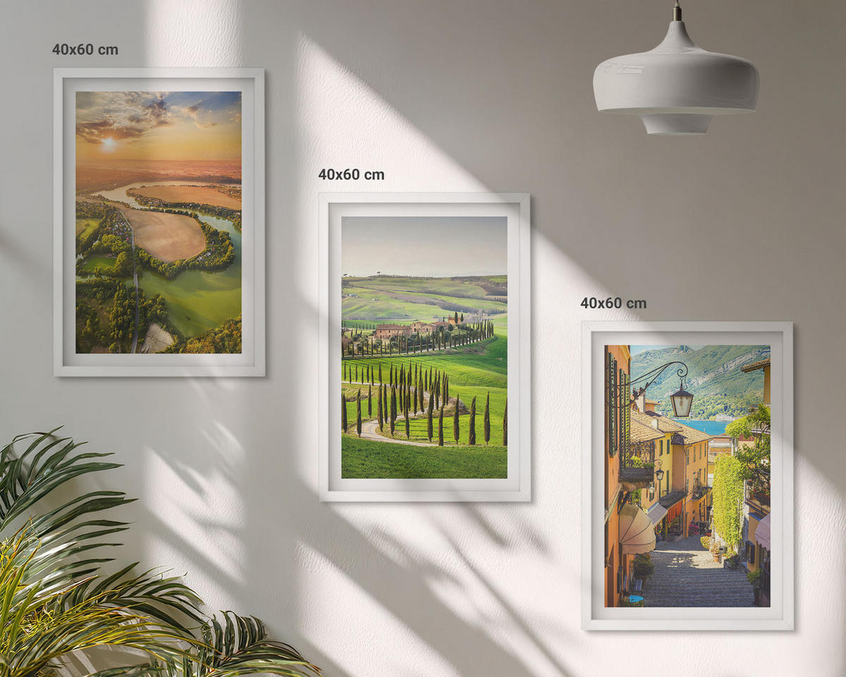 BILDER SET 3er Set - 40x60 cm Weißer Rahmen - Italienische Landschaften, Flussstraße - Weiß, Kunststoff (40/60cm) - TULUP