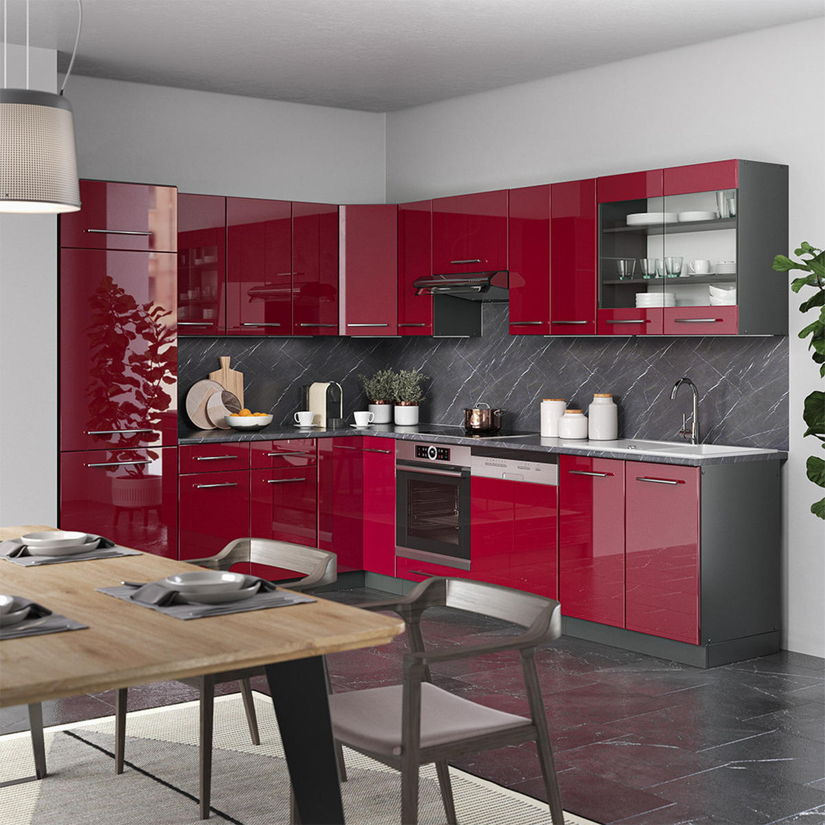 ECKKÜCHE Fame-Line Bordeaux Hochglanz/Anthrazit 227 x 287 cm AP Eiche - Bordeaux/Anthrazit, Holzwerkstoff (287/81.6/60cm) - Vicco