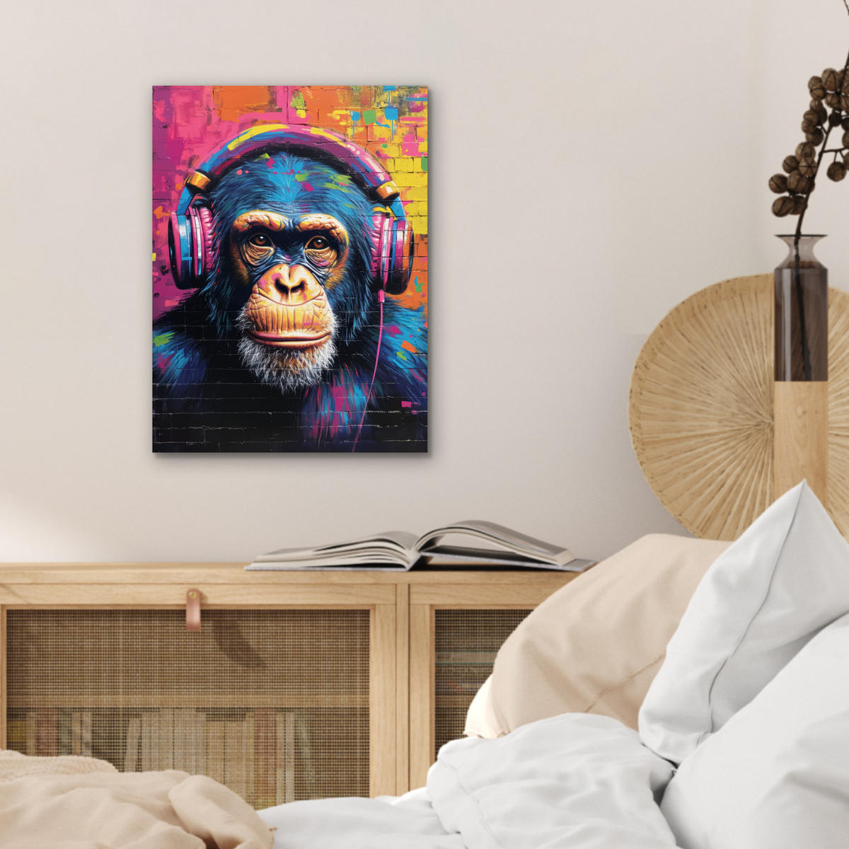 KOVOVÝ OBRAZ Graffiti - Šimpanz - Street art - Slúchadlá - Opica 30x40 cm - modrá, kov (30/40cm) - MuchoWow