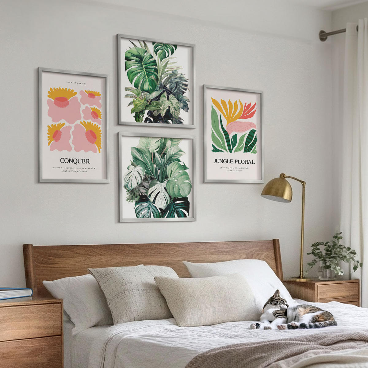 WANDBILDER 4er Set - 50x50 cm & 40x60 cm Silberner Rahmen - Blumen und Blätter – moderne Poster - Silberfarben, Kunststoff (50/50cm) - ArtPrintCave