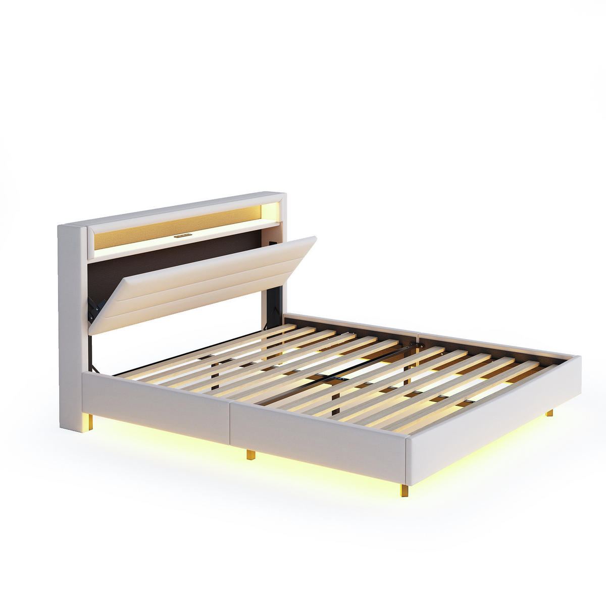 POLSTERBETT 140/200 cm Beige aus Leinenstoff mit USB-Steckdose und LED-Licht - Beige, Textil (140/200cm) - OKMYHOME