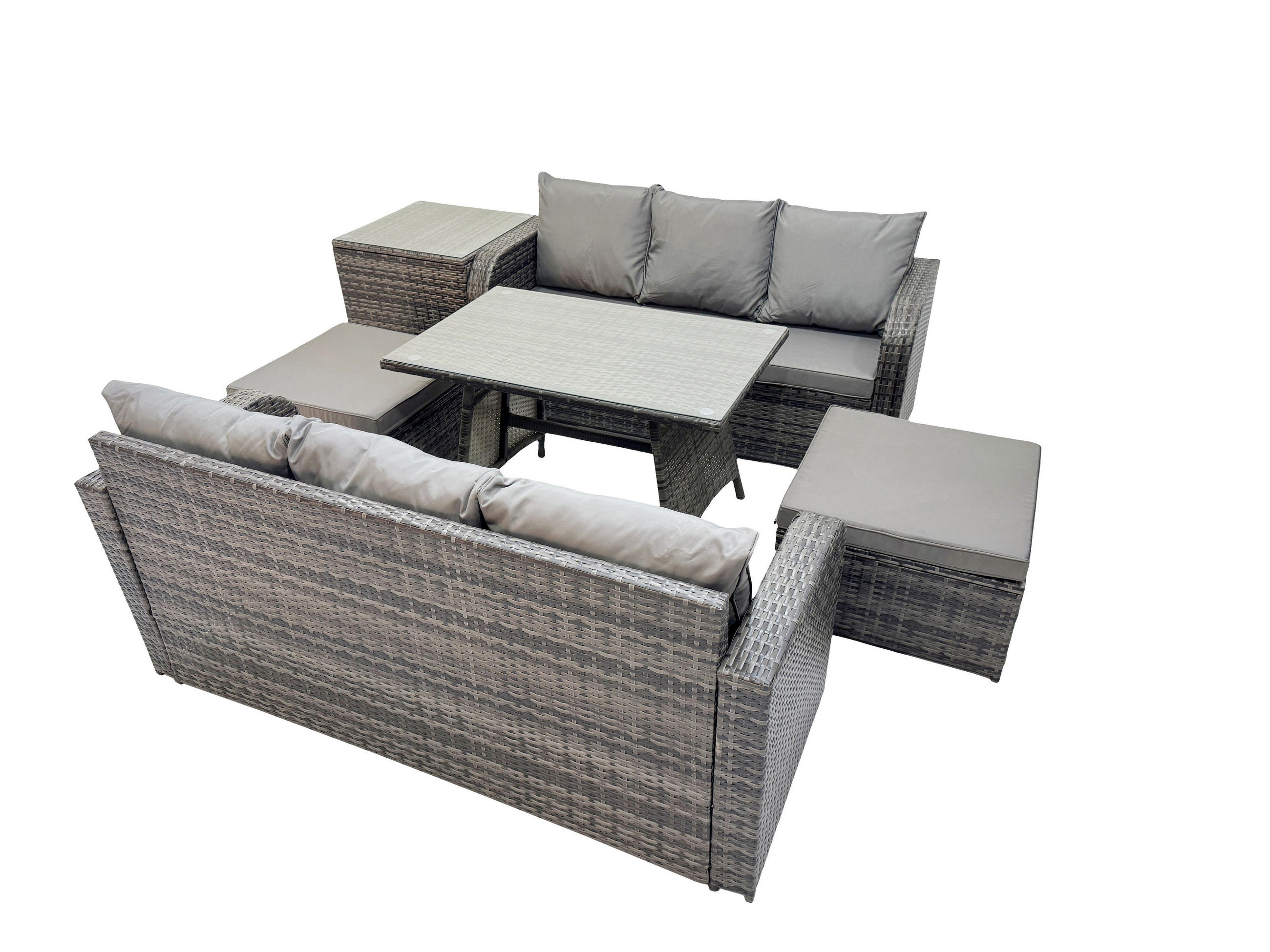 GARTENMÖBELSET mit ESSTISCH,SOFA Polyrattan 9-Sitzer - Dunkelgrau/Grau, Glas/Kunststoff - Fimous