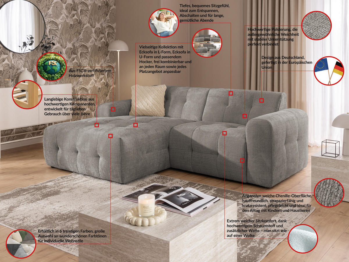 ECKSOFA inkl. Hocker Kozy im Bumpy-Design mit Schlaffunktion und fester Rückenlehne aus weichem Taupe Chenille-Stoff - Ottomane links - Taupe/Schwarz, Holz/Kunststoff (161/234cm) - S-Style Möbel
